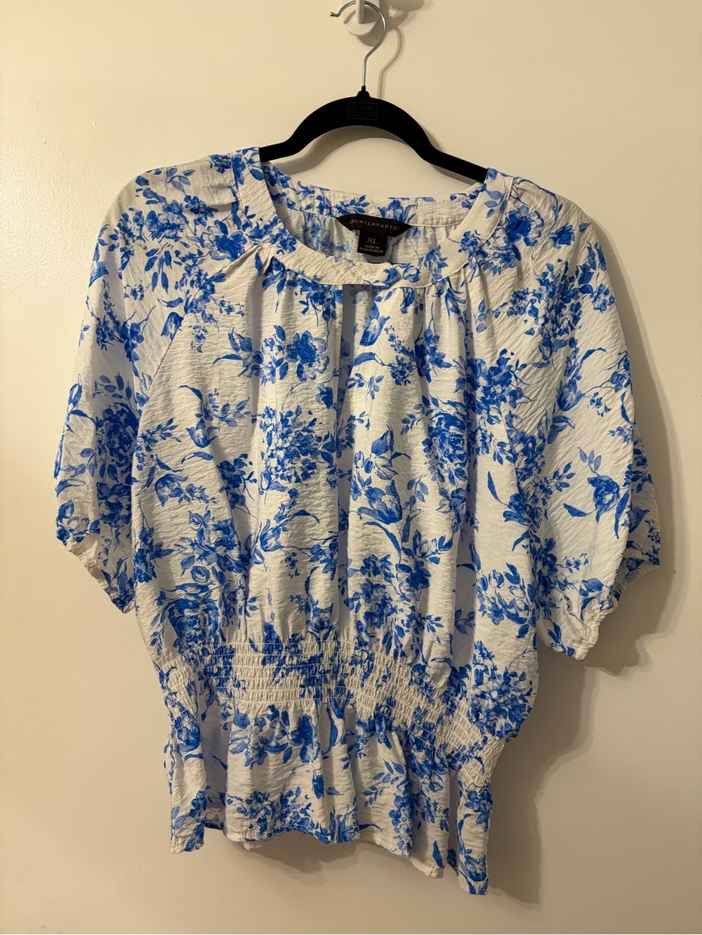 Counterparts White and Blue Floral Short Sleeve Blouse